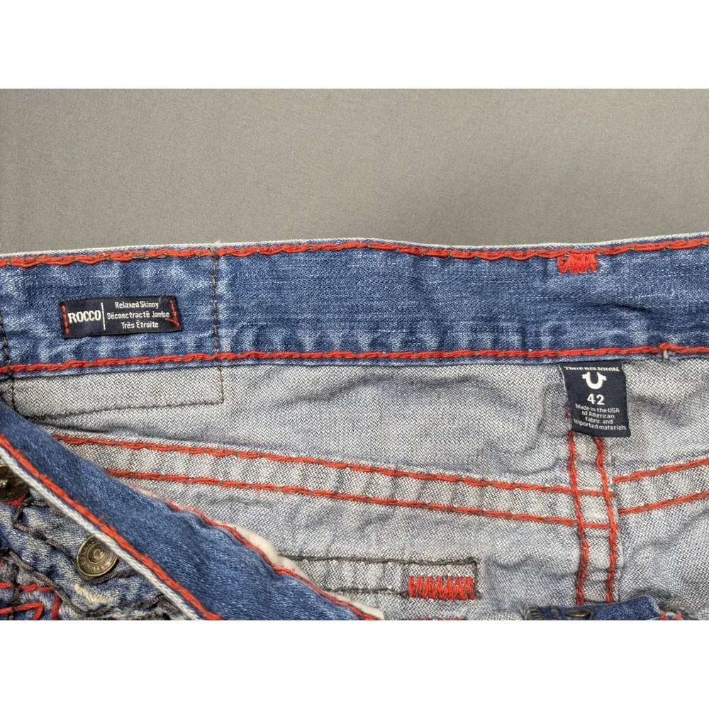 True Religion Rocco Relaxed Skinny Jeans Mens 42 Blue Red Contrast Stitch Denim